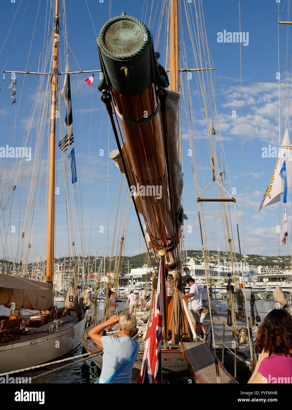 AJAXNETPHOTO. 2018. CANNES, FRANCE. - COTE D'AZUR RESORT - REGATES ROYALES CANNES 2018 -COMPETITORS MOORED IN THE OLD PORT AT THE END OF A DAY'S RACING. YACHT: ELENA. PHOTO:JONATHAN EASTLAND/AJAX REF:GX8 182509 595 Stock Photo