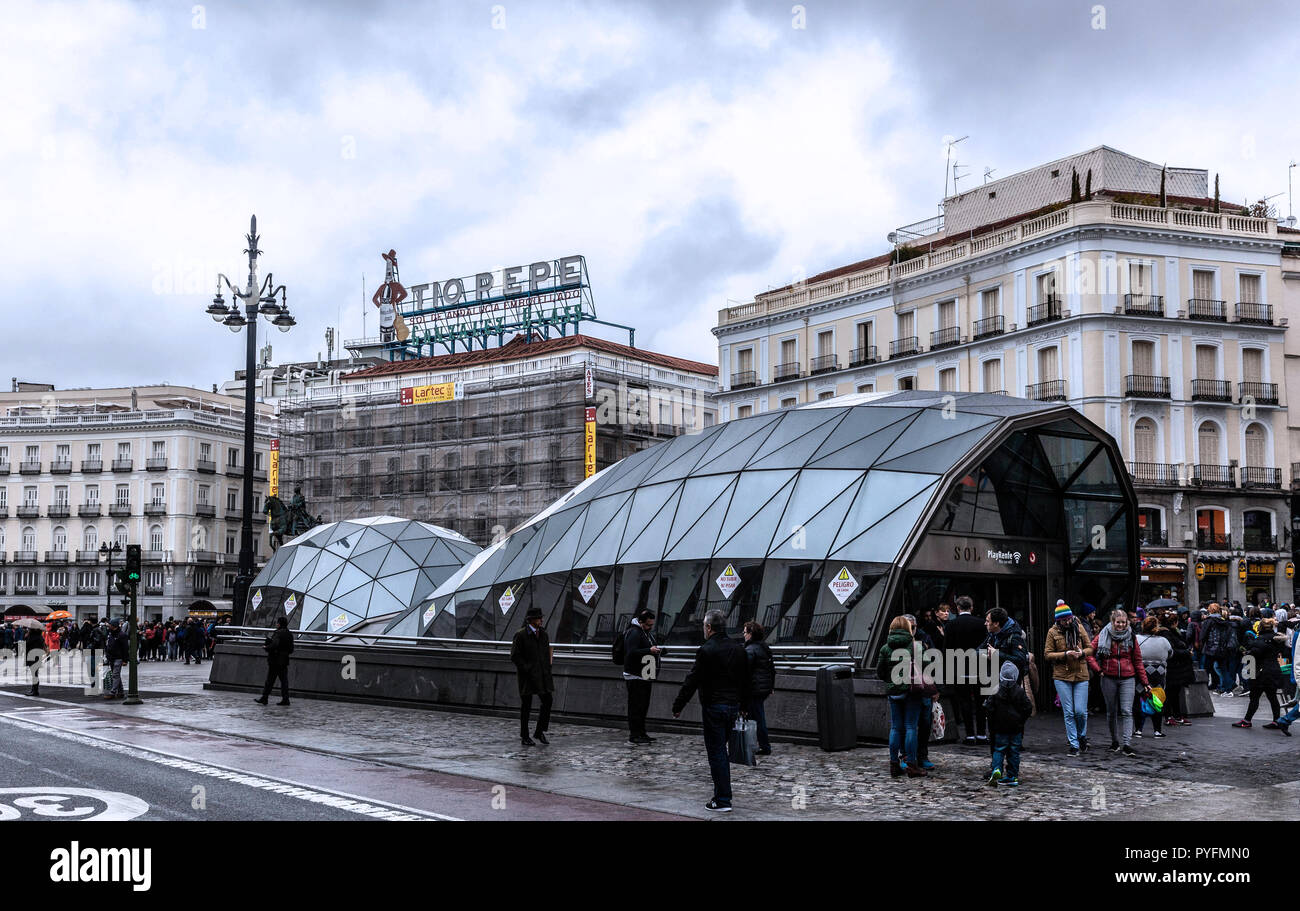 Modern entrance to Metro Sol at Plaza Puerta del Sol, Madrid, Spain. Stock Photo