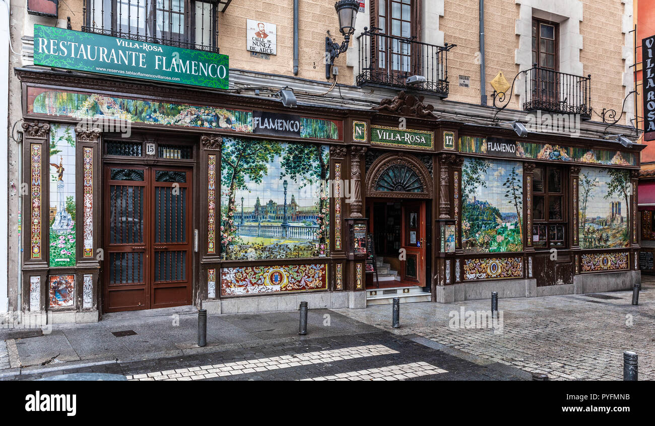 Villa Rosa tablao flamenco tiled decorated facade, Madrid, Barrio de las Letras, Distrito Centro, Spain. Stock Photo