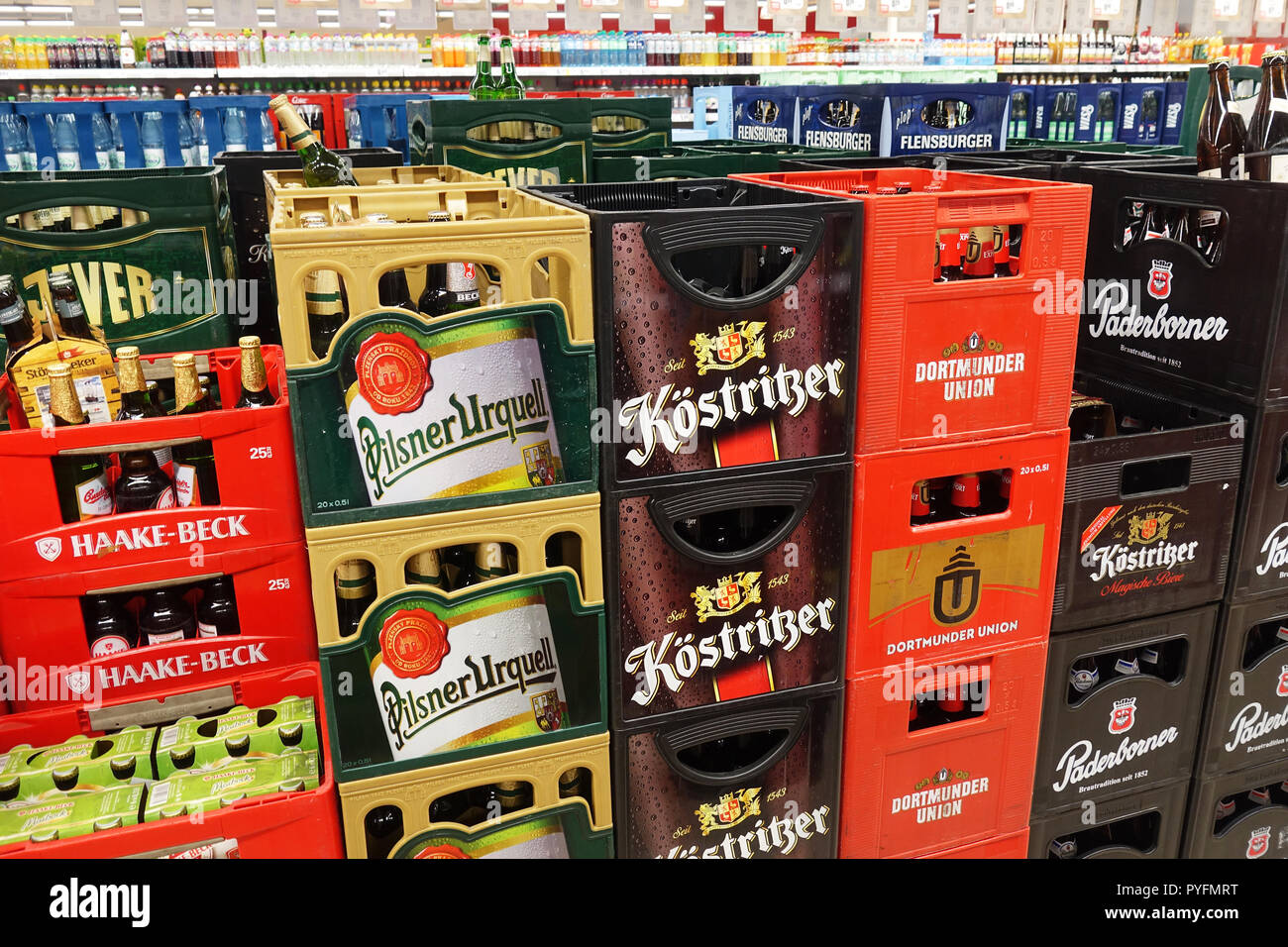 Assortment beer crates Stock Photo