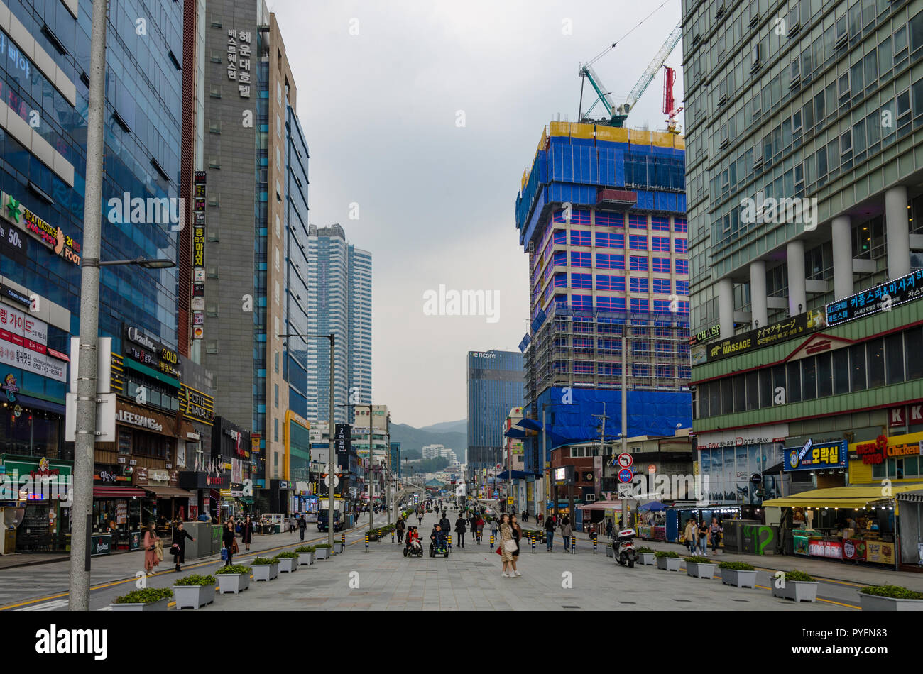A view down Gunam-ro in Haeundae, Busan, South Korea. Stock Photo