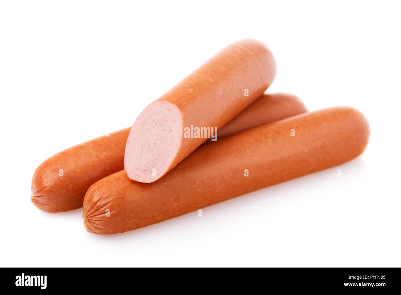 Three sausages isolated on white background Stock Photo