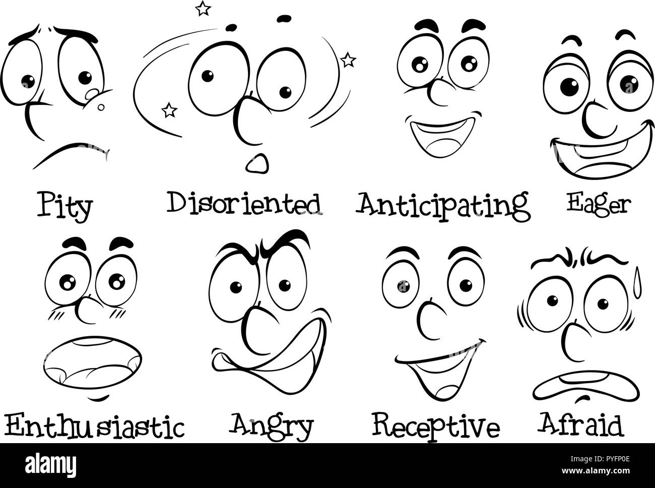 Diffferent facial expressions with words illustration Stock Vector