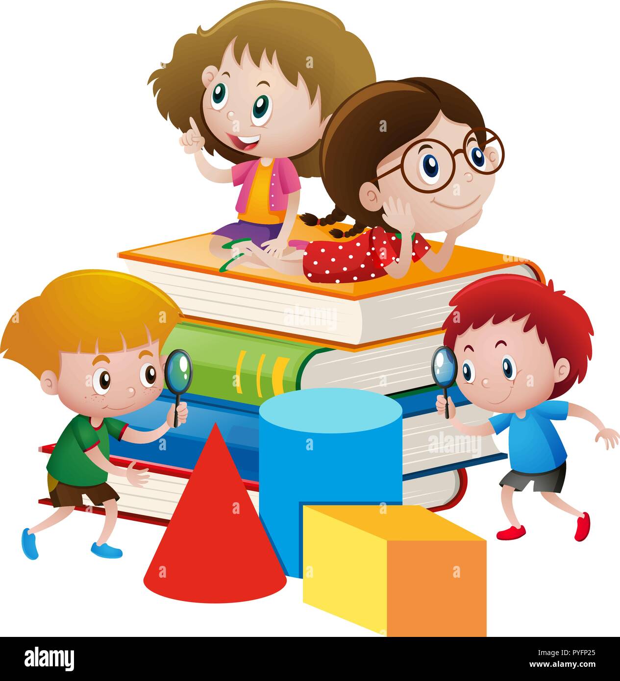 Four kids on giant books illustration Stock Vector