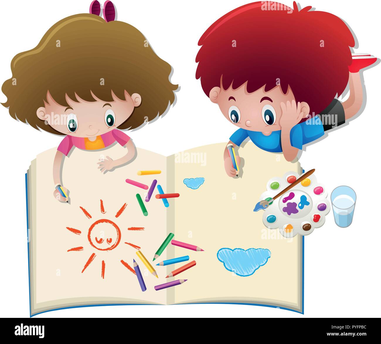Boy And Girl Drawing In Big Book Illustration Stock Vector Image Art Alamy