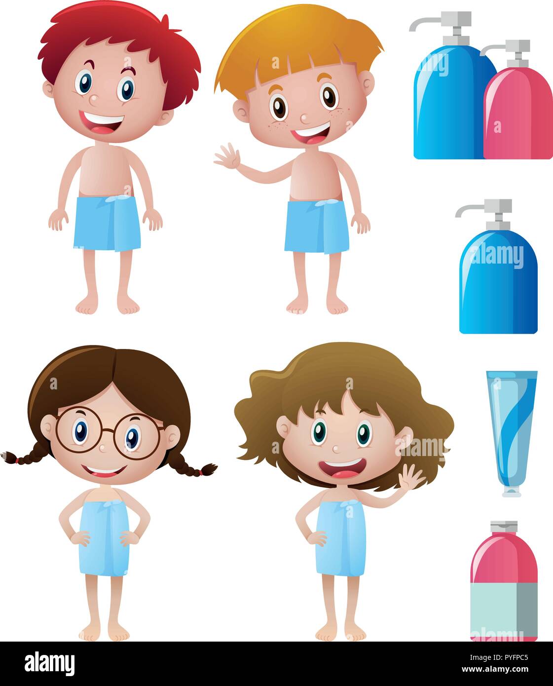 Boys and girls in bathtowels illustration Stock Vector