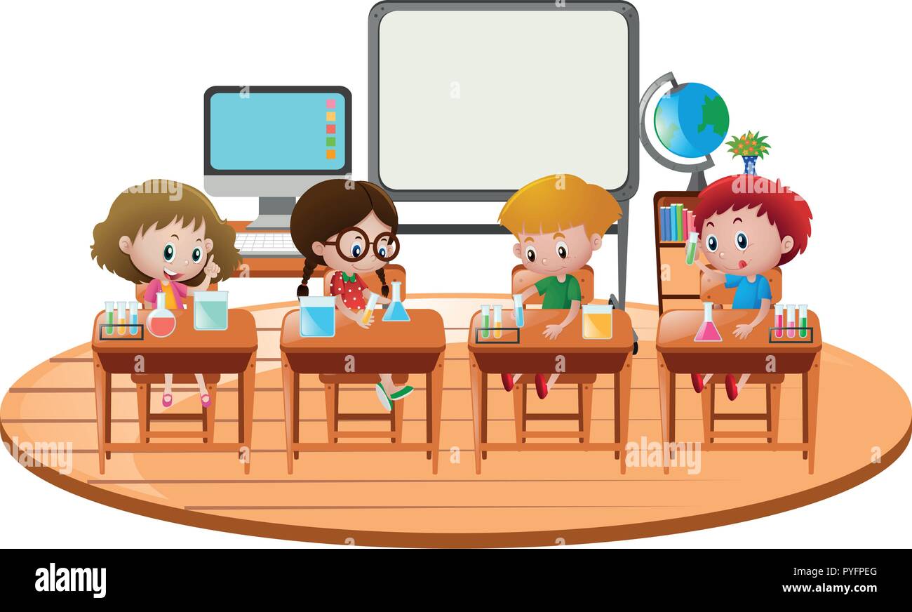 Kids doing science experiment in classroom illustration Stock Vector