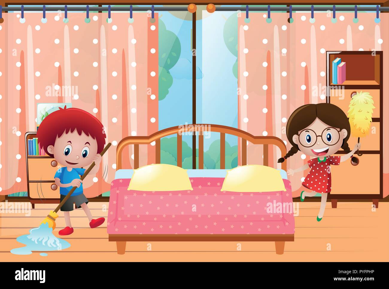 Two kids cleaning the bedroom illustration Stock Vector Image & Art Alamy