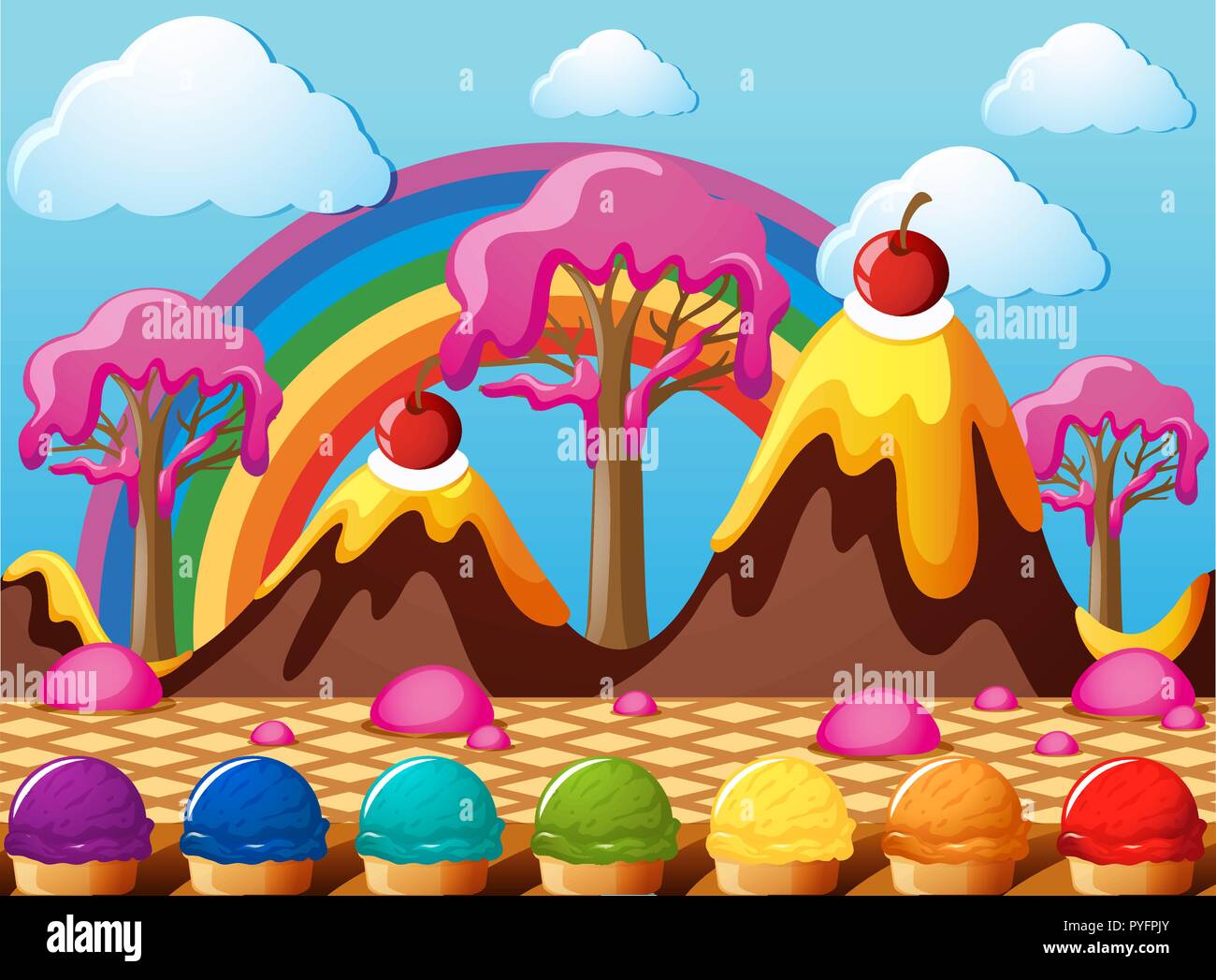 Candy land with chocolate mountains and icecream field illustration