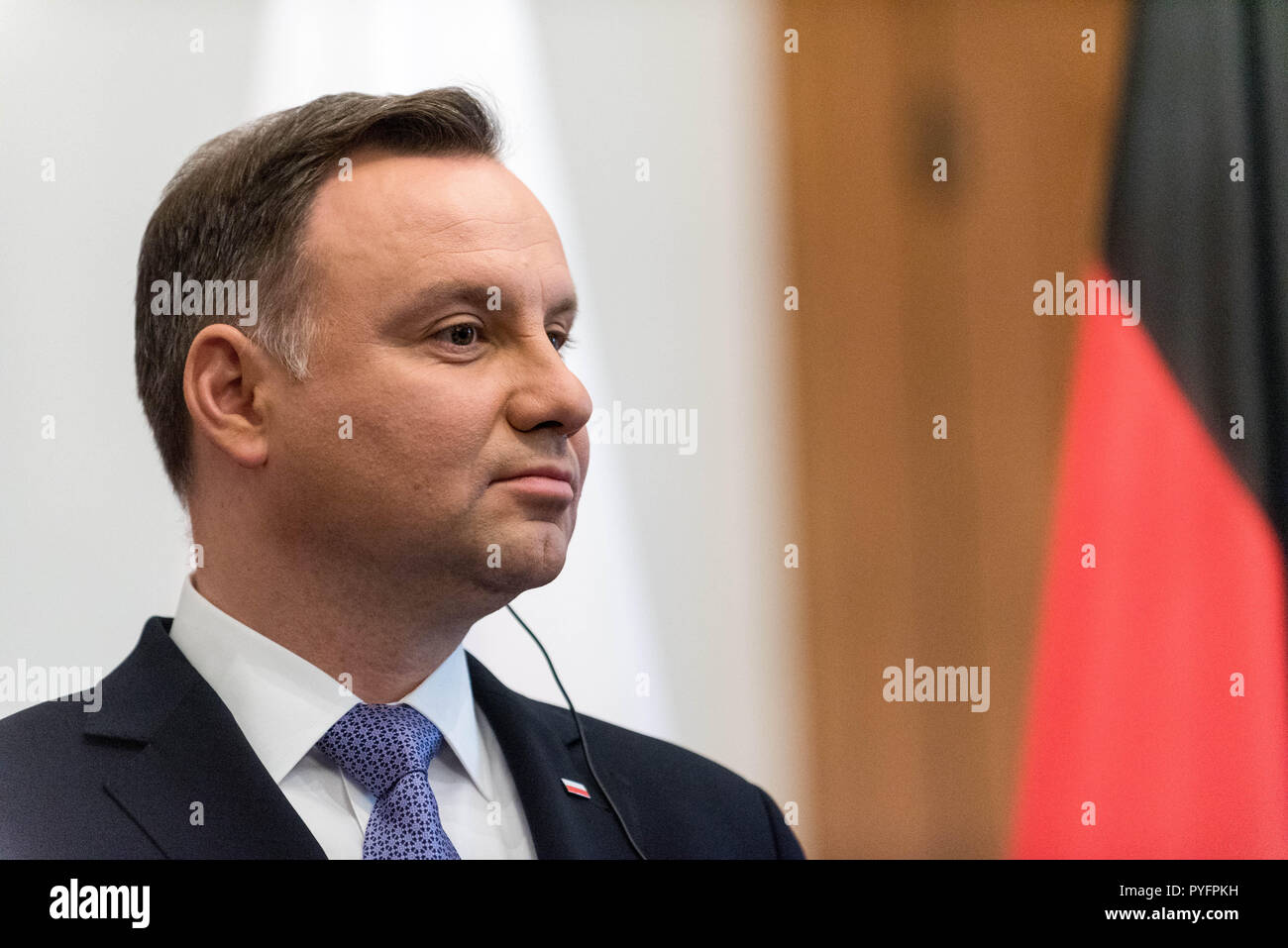 The President of Poland Andrzej Duda seen speaking at a joint press conference with the Federal President Frank-Walter Steinmeier (not pictured) during the reception at Bellevue Palace. Polish president Andrzej Duda paid an official visit to German to meet with the German president to discuss the economic development between the two countries. Stock Photo
