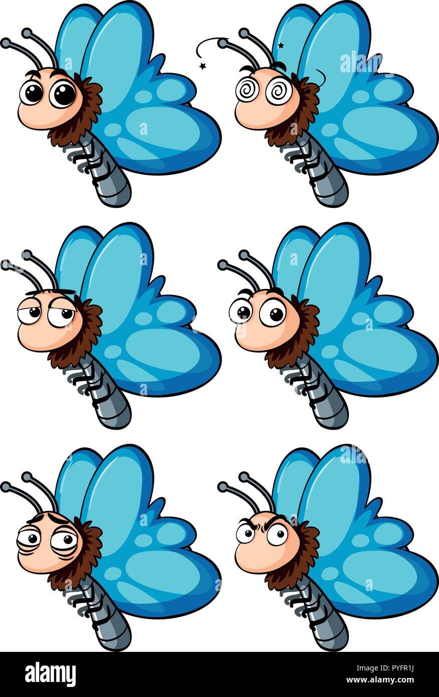 Butterfly with different facial emotions illustration Stock Vector