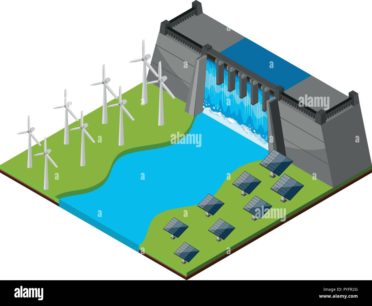 Dam with watergate and wind turbines illustration Stock Vector