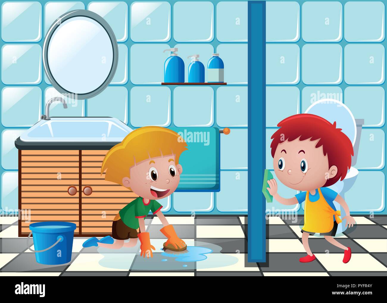 Two boys cleaning toilet illustration Stock Vector