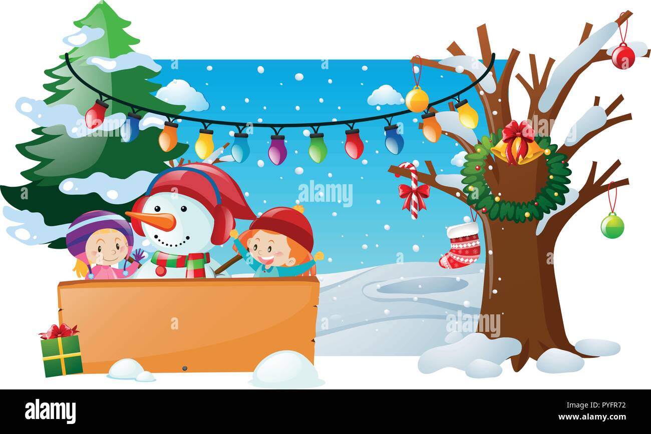 Winter scene with kids and snowman illustration Stock Vector Image