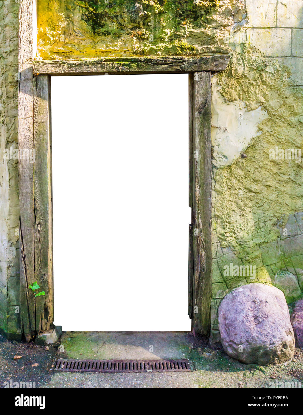 Wooden Frame In A Stone Castle Wall With The Door Cut Out To Put