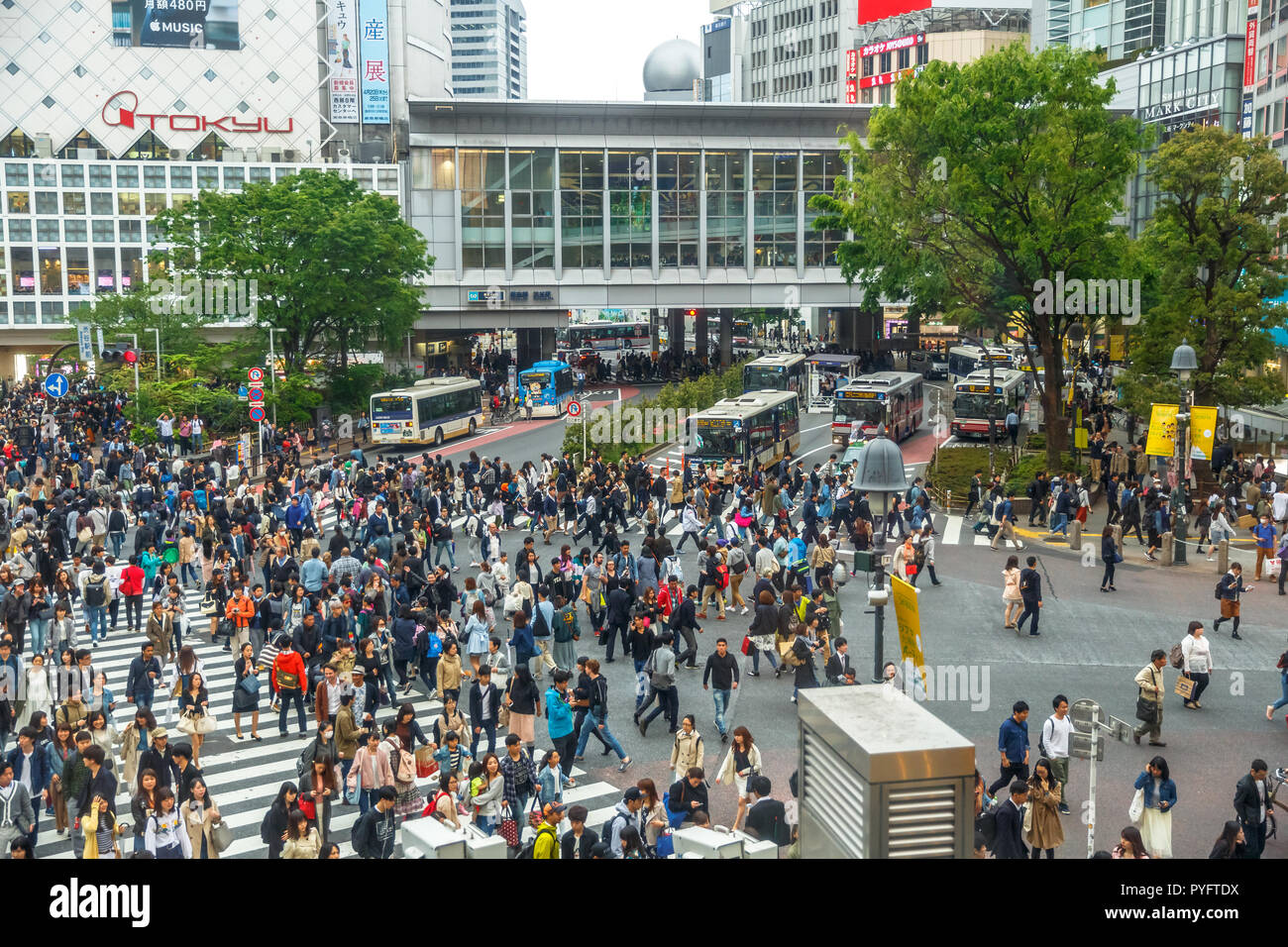 Tokyo Japan April 22 17 Aerial View Of Unidentified Pedestrians In Shibuya Crossing One Of The Busiest Crosswalks In The World Shibuya Is One Of Tokyo S Most Famous Neighborhoods Stock Photo Alamy