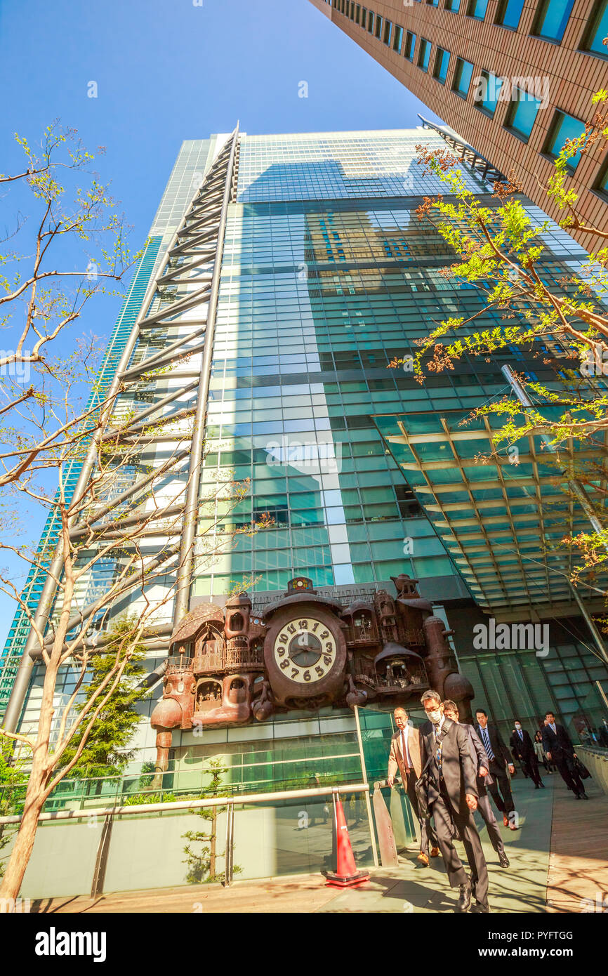 Tokyo, Japan - April 20, 2017: vertical bottom view of Ghibli clock of Nittele Tower, Nippon Television headquarters, Minato ward. The victorian steampunk clock icon of Shimbashi District. Stock Photo