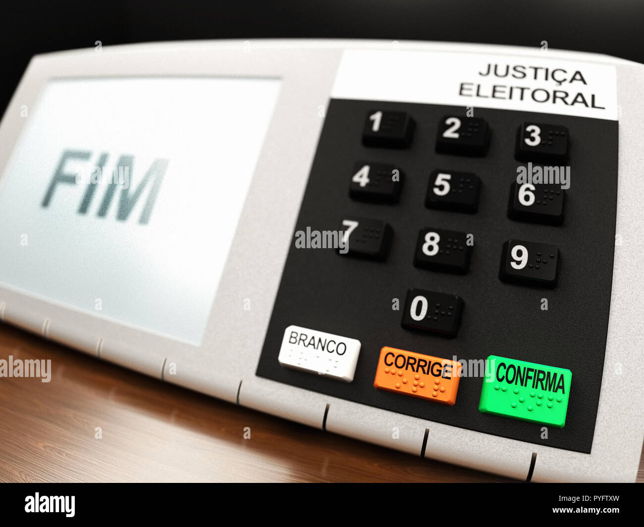Brazilian voting machine (urna eletronica) from 2018 presidential elections in Brazil, with FIM (end) shown on the LCD display. Stock Photo