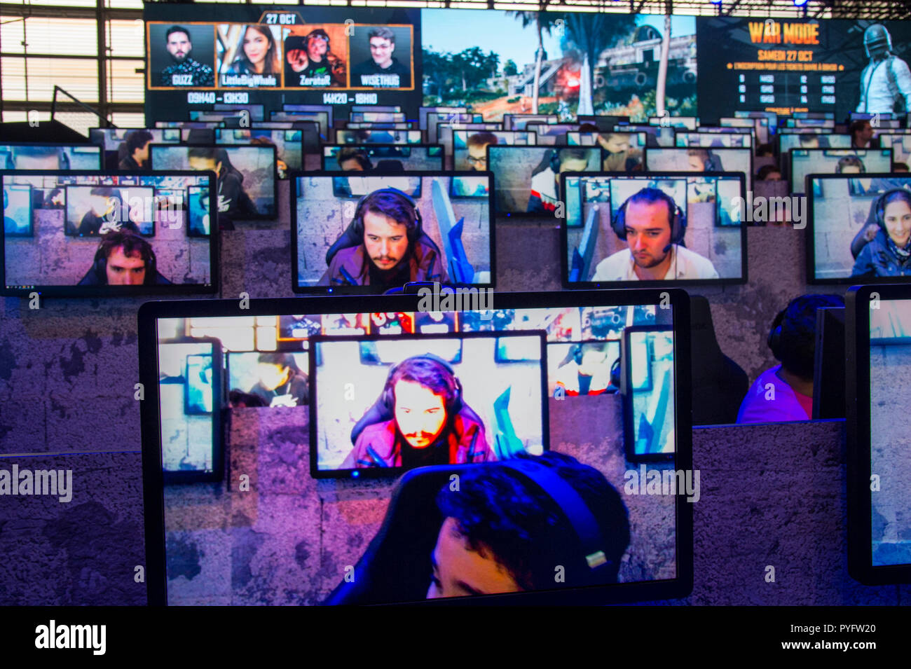 Participants are seen playing video  games during the game fair, The 2018 Paris games week fair is a video games exhibition from Versailles to Paris. Stock Photo