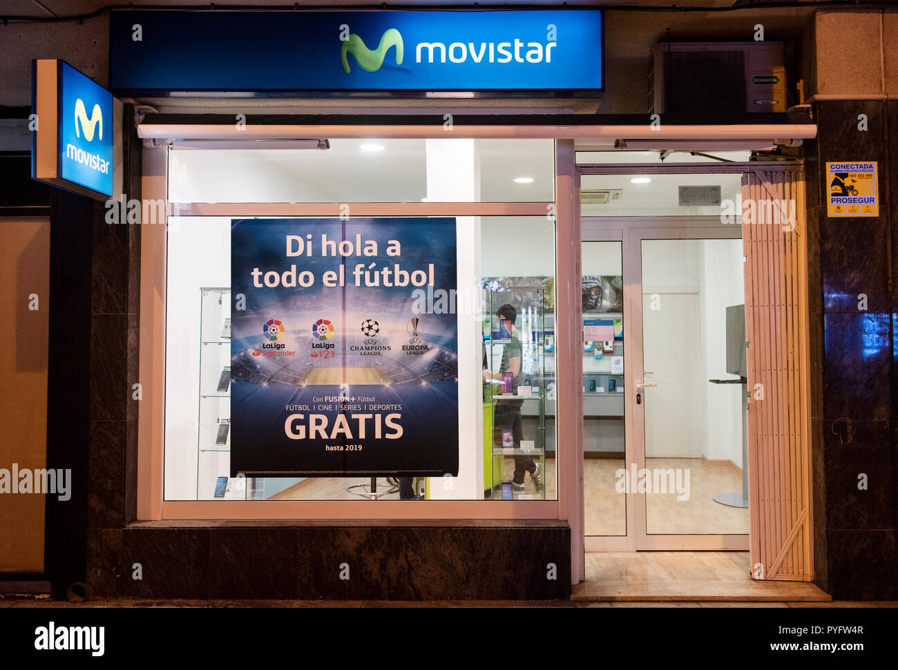 Spanish telecommunications brand owned by Telefonica and largest mobile phone operator, Movistar, store seen in Alicante, Spain. Stock Photo