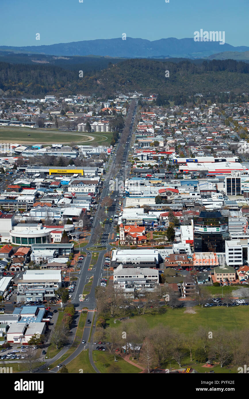 Fenton Street, and Rotorua City Centre, North Island, New Zealand - aerial Stock Photo