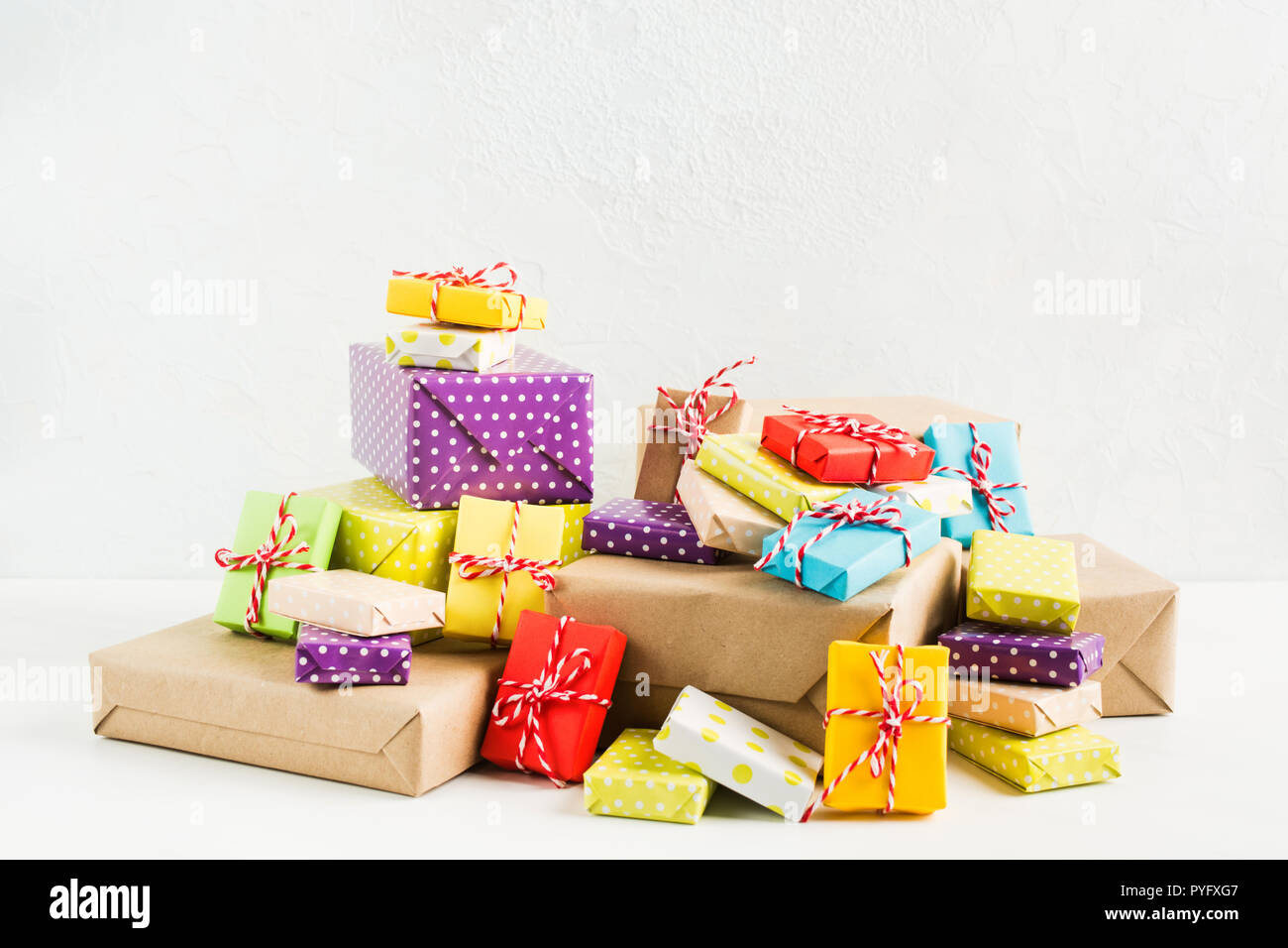 Various colorful gift boxes on white background with copy space Stock ...