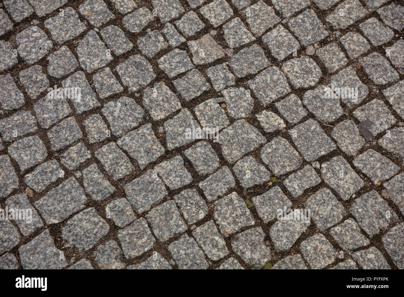 Top view of cobblestone street, texture, background. Stock Photo