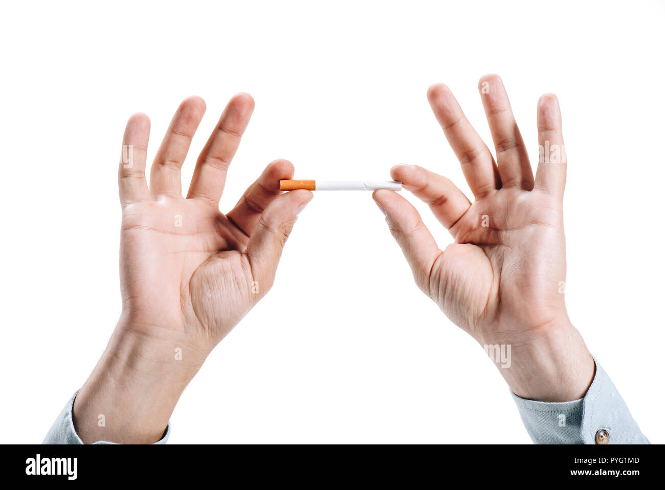 cropped image of man holding unhealthy cigarette isolated on white Stock Photo