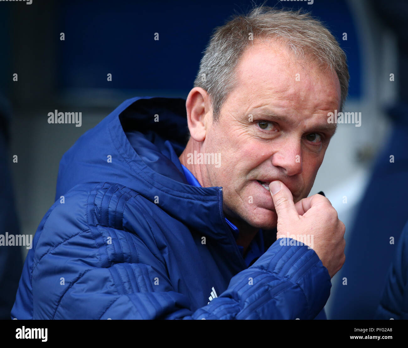 London, UK. 27 October, 2018 Ipswich Town manager Bryan Klug (caretaker) during Sky Bet Championship match between Millwall and Ipswich Town at The Den Ground, London. Credit Action Foto Sport   FA Premier League and Football League images are subject to DataCo Licence EDITORIAL USE ONLY No use with unauthorised audio, video, data, fixture lists (outside the EU), club/league logos or 'live' services. Online in-match use limited to 45 images (+15 in extra time). No use to emulate moving images. Credit: Action Foto Sport/Alamy Live News Stock Photo