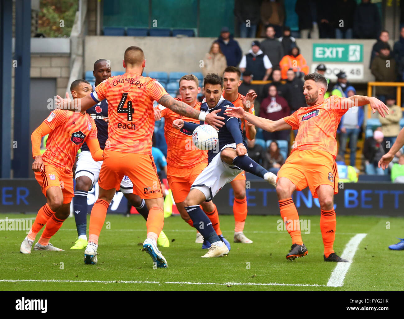 London, UK. 27 October, 2018 Lee Gregory of Millwall scores during Sky Bet Championship match between Millwall and Ipswich Town at The Den Ground, London. Credit Action Foto Sport   FA Premier League and Football League images are subject to DataCo Licence EDITORIAL USE ONLY No use with unauthorised audio, video, data, fixture lists (outside the EU), club/league logos or 'live' services. Online in-match use limited to 45 images (+15 in extra time). No use to emulate moving images. Credit: Action Foto Sport/Alamy Live News Stock Photo