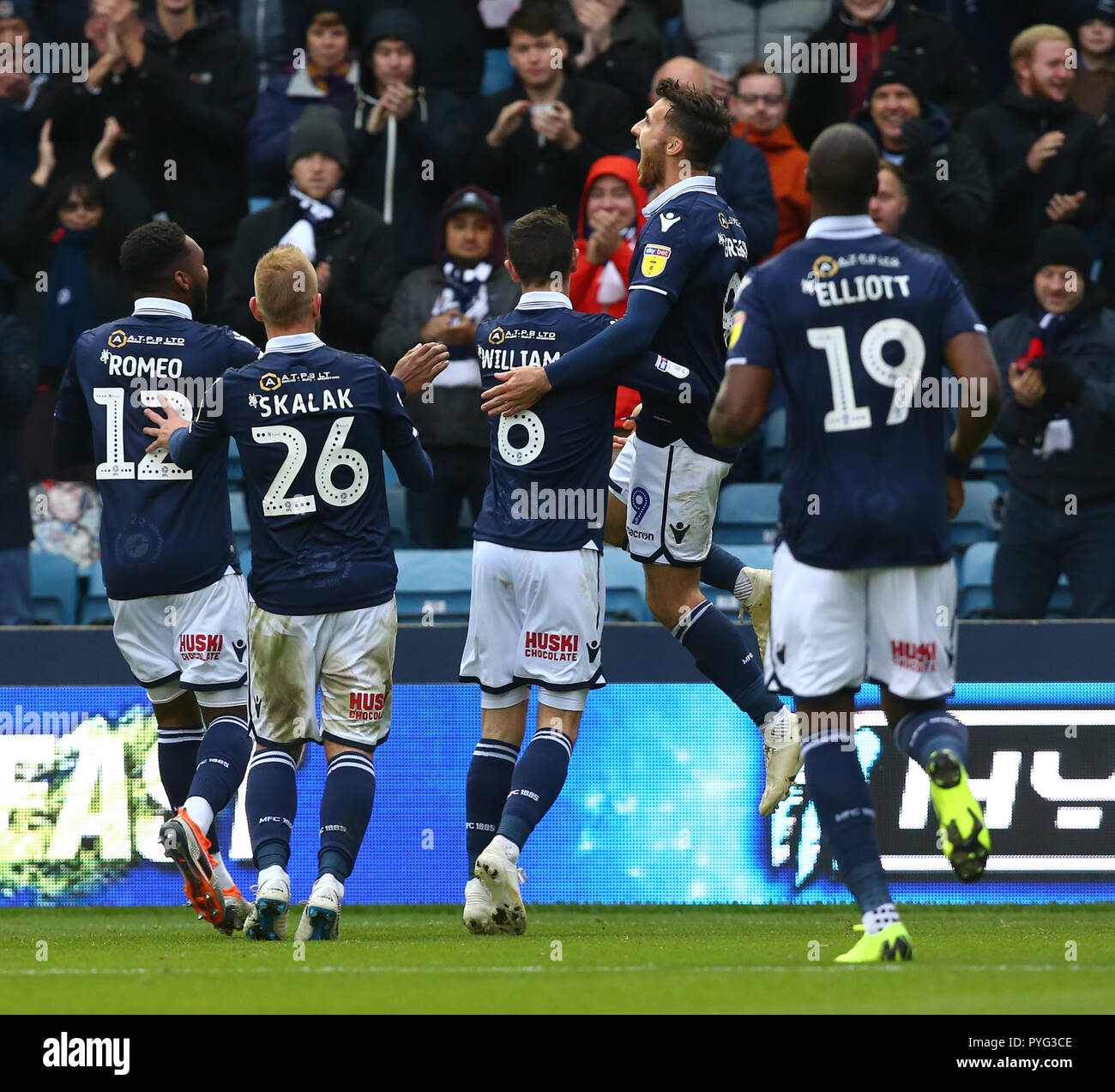 London, UK. 27 October, 2018 Lee Gregory of Millwallcelebrates his goal during Sky Bet Championship match between Millwall and Ipswich Town at The Den Ground, London. Credit Action Foto Sport   FA Premier League and Football League images are subject to DataCo Licence EDITORIAL USE ONLY No use with unauthorised audio, video, data, fixture lists (outside the EU), club/league logos or 'live' services. Online in-match use limited to 45 images (+15 in extra time). No use to emulate moving images. Credit: Action Foto Sport/Alamy Live News Stock Photo