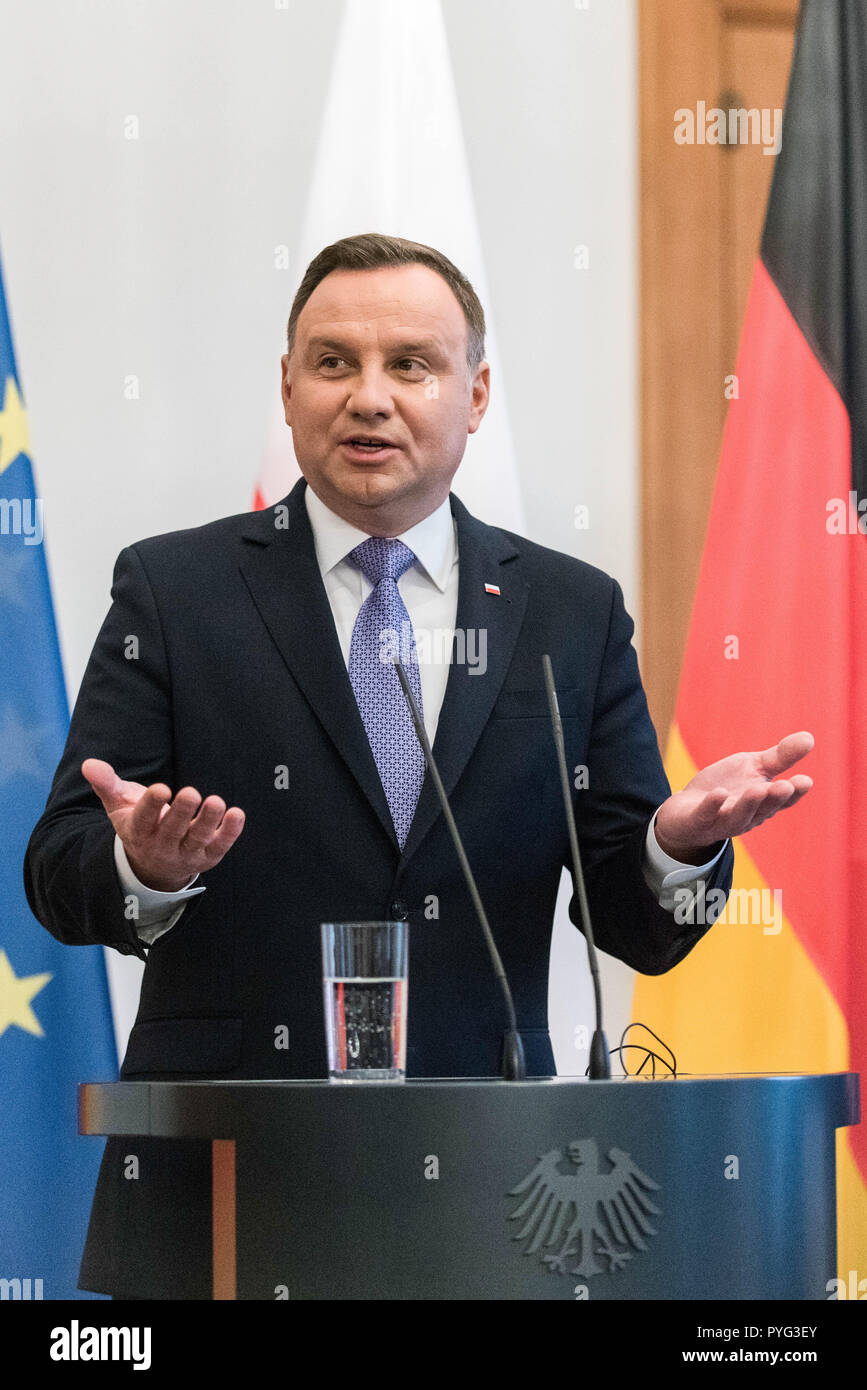 Berlin, Germany. 23rd Oct, 2018. The President of Poland Andrzej Duda seen speaking at a joint press conference with the Federal President Frank-Walter Steinmeier (not pictured) during the reception at Bellevue Palace.Polish president Andrzej Duda paid an official visit to German to meet with the German president to discuss the economic development between the two countries. Credit: Markus Heine/SOPA Images/ZUMA Wire/Alamy Live News Stock Photo