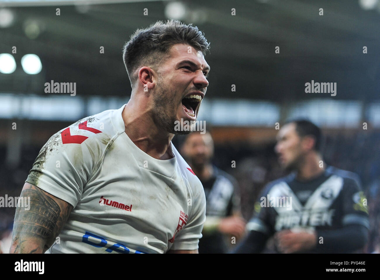 Hull, UK, 27 10 2018. 27 October 2018. KCOM Stadium, Hull, England; Rugby League Dacia International, England vs New Zealand; England's Oliver Gildart celebrates after scoring the match winner in a close encounter with New Zealand. Photo:Dean Williams Credit: Dean Williams/Alamy Live News Stock Photo