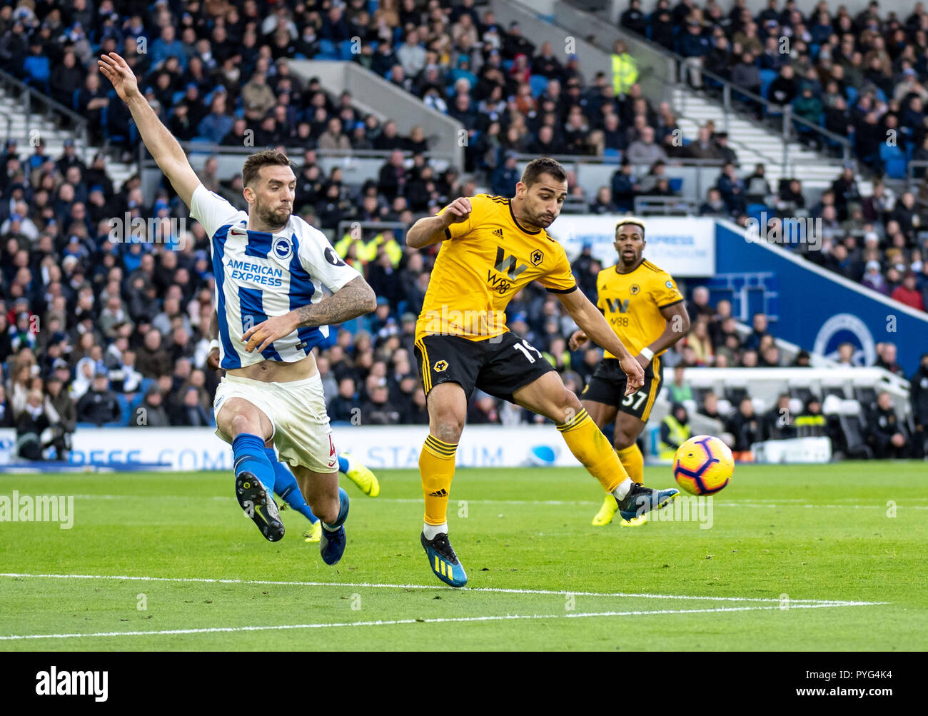 Brighton, UK. 27th October 2018. Shane Duffy of Brighton and Hove Albion does enough to block Jonny Otto of Wolverhampton Wanderers during the Premier League match between Brighton and Hove Albion and Wolverhampton Wanderers at the AMEX Stadium, Brighton, England on 27 October 2018. Photo by Liam McAvoy. Credit: UK Sports Pics Ltd/Alamy Live News Stock Photo