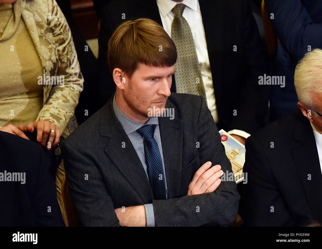 Prague, Czech Republic. 27th Oct, 2018. Shame on the president who tells lies, Shame on the president who helps dictatorships,' Jakub Jares, one of the guests to the official ceremony at the reopening of the Prague National Museum after a thorough reconstruction shouted at President Milos Zeman in Prague, Czech Republic, October 27, 2018. Credit: Radek Petrasek/CTK Photo/Alamy Live News Stock Photo