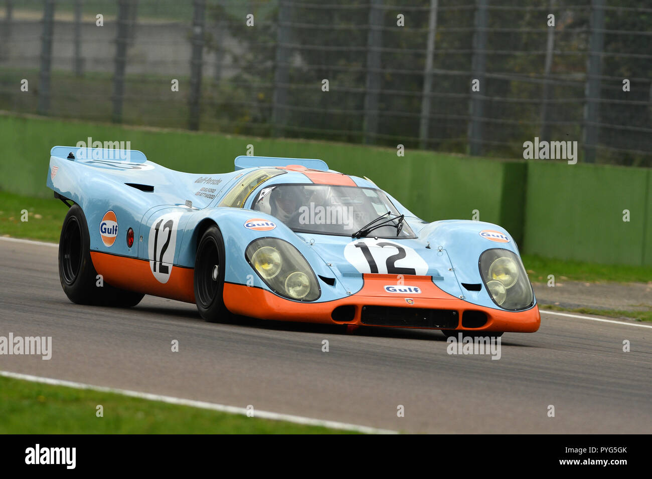 Imola, Italy. 26th October 2018. Imola Classic 26 October 2018: Porsche 917 1970 Gulf Livery ex Attwood/Elford driven by Claudio Roddaro during practice session on Imola Circuit, Italy. Credit: dan74/Alamy Live News Stock Photo