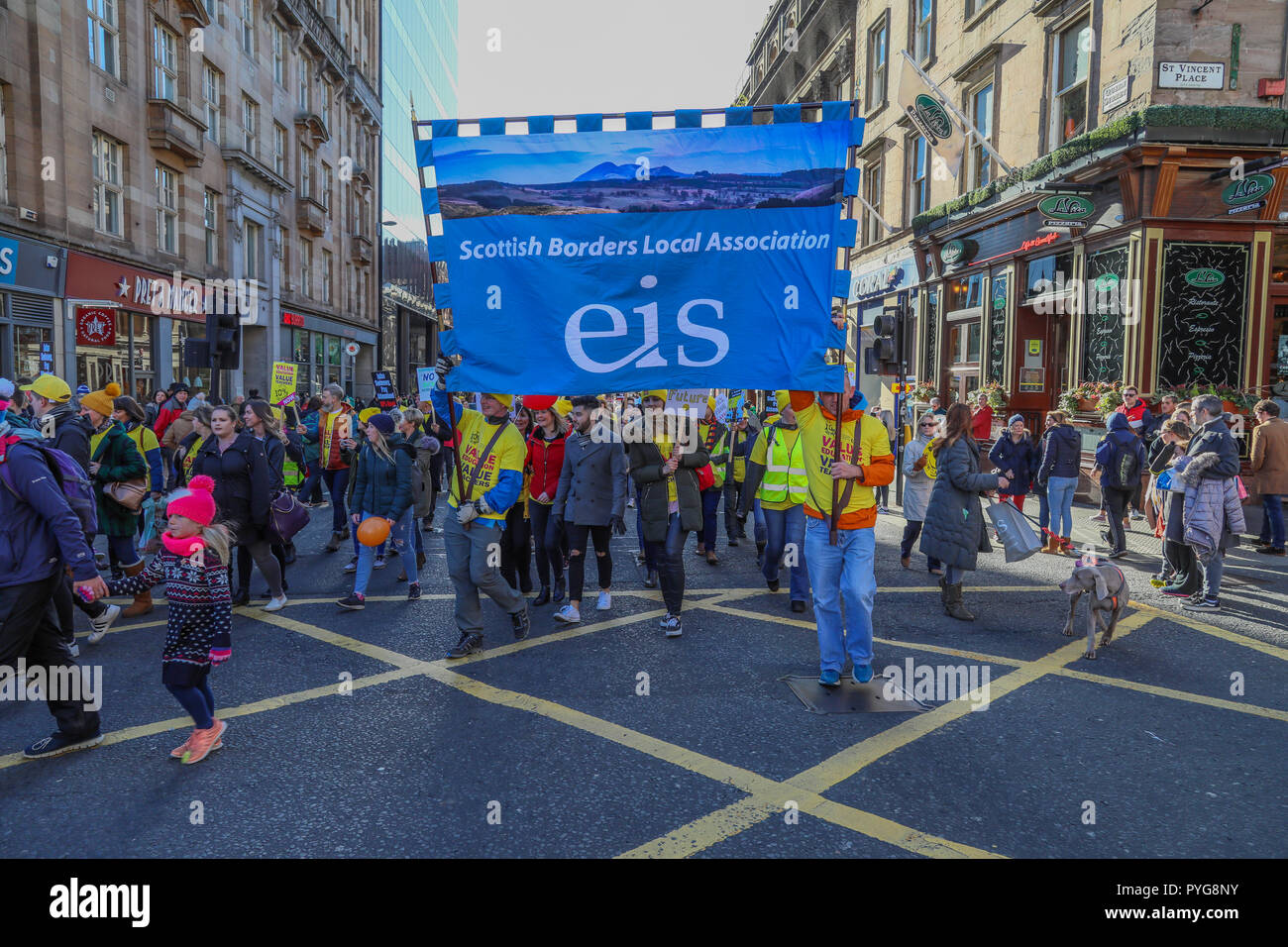 Members of the Educational Institute of Scotland, the EIS, have staging a demonstration over pay. The institute is demanding a 10% increase in pay from the Scottish Government. Thousands of members marched from Kelvingrove Park in the city's west end to George Square where a rally was held. Stock Photo