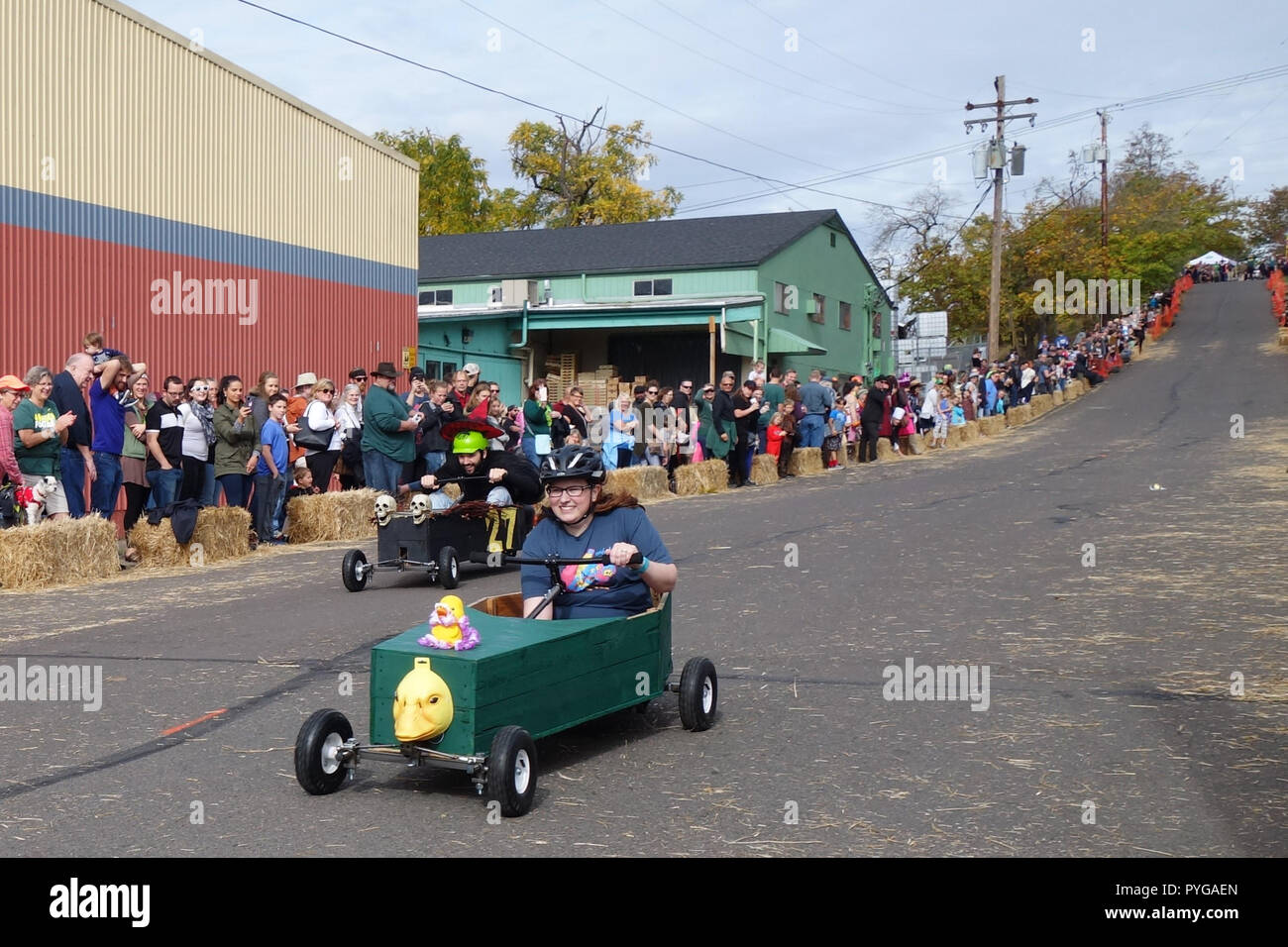 Eugene, Oregon, USA. 27th October, 2018. Racers compete in the Coffin Races, a Halloween-themed soapbox derby in Eugene, Oregon. Copyright: Gina Kelly/Alamy Live News Stock Photo