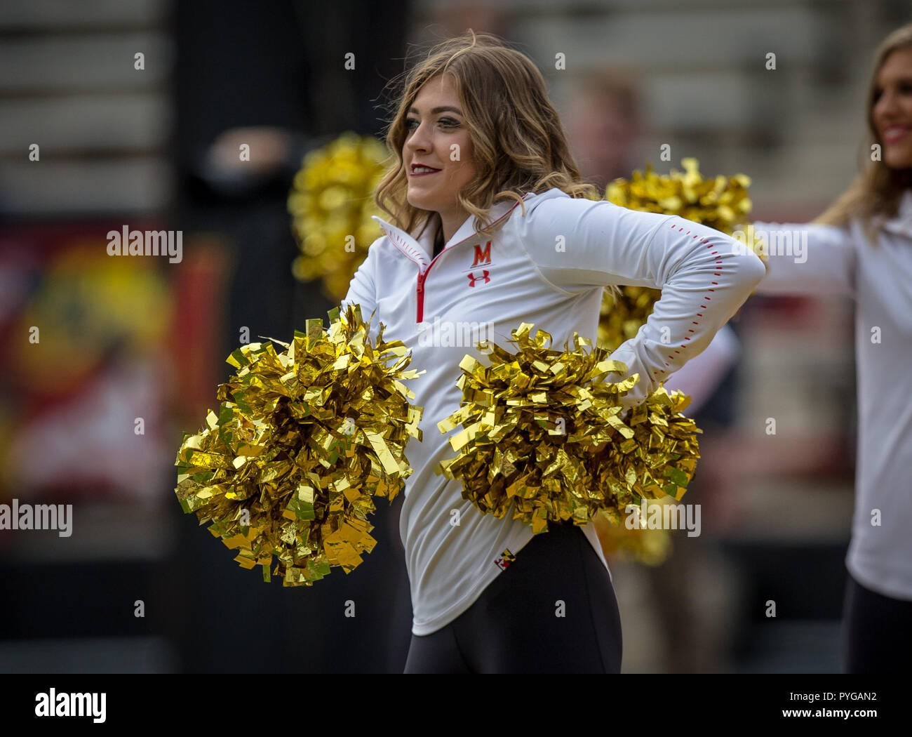 College Park, MD, USA. 27th Oct, 2018. Maryland cheerleader perform in pre-game festivities before the game between Illinois vs. Maryland at Capital One Field in College Park, MD. Cory Royster/Cal Sport Media/Alamy Live News Credit: Cal Sport Media/Alamy Live News Stock Photo