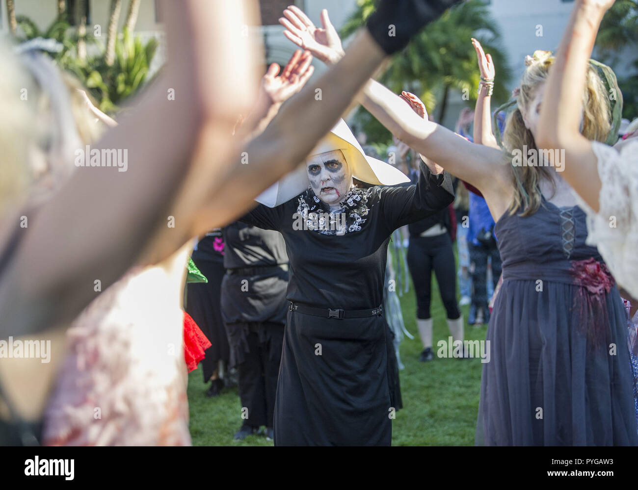 Santa Barbara, California, USA. 27th Oct, 2018. Zombie dancers young and old perform to Michael Jackson's 'Thriller' at the Santa Barbara County Courthouse Sunken Gardens as part of the Thrill the World annual international dance event. Credit: PJ Heller/ZUMA Wire/Alamy Live News Stock Photo