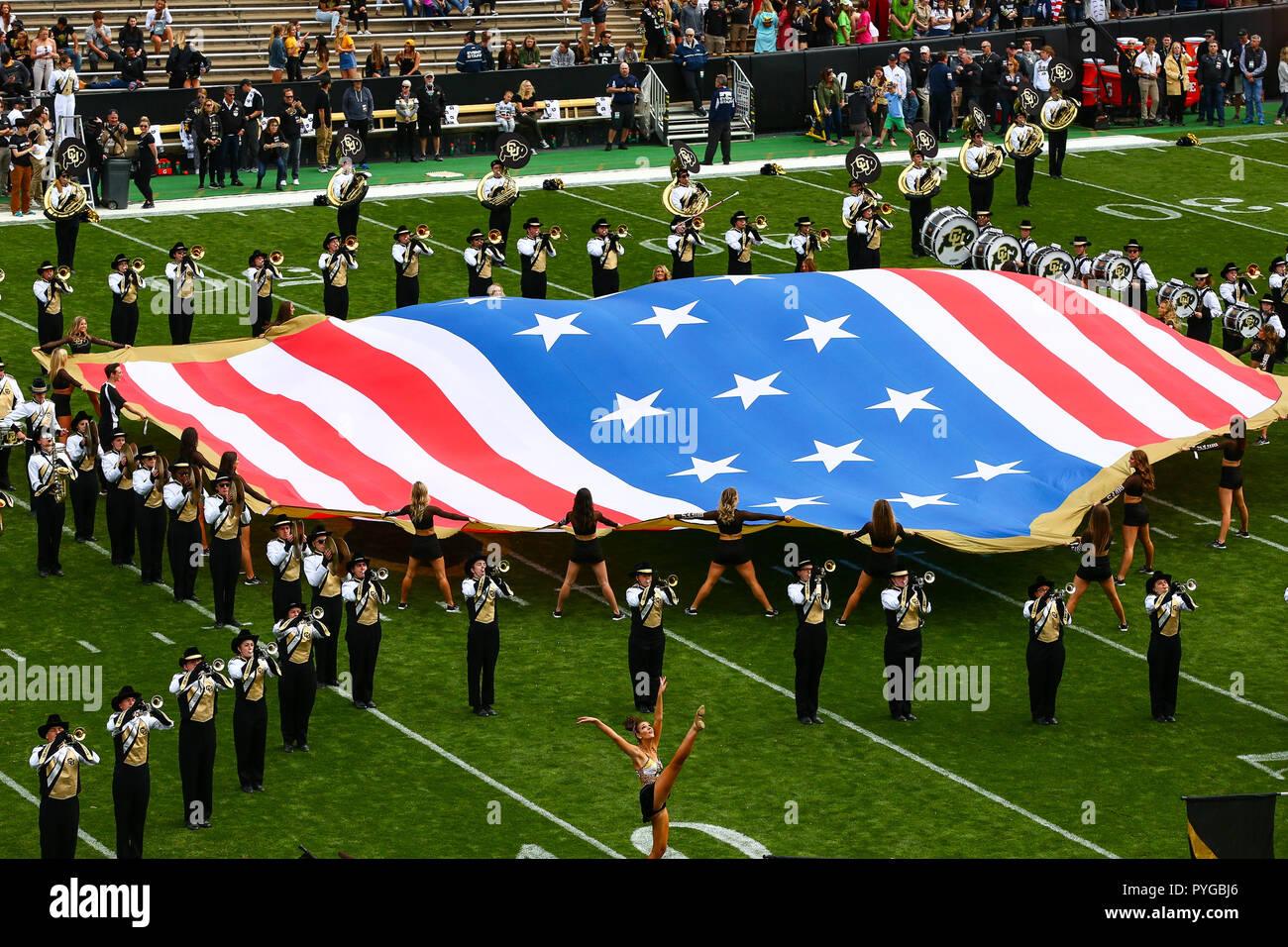 Overtime. 27th Oct, 2018. The Colorado marching band performs the National Anthem before the game against Oregon State at Folsom Field. Colorado blew a 31-3 third quarter lead and lost 41-34 in overtime. Credit: csm/Alamy Live News Stock Photo