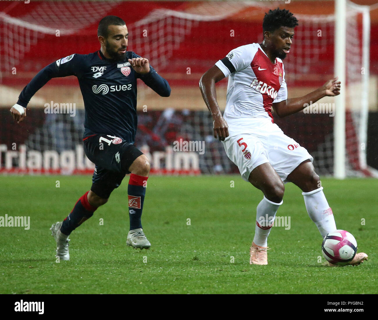 Fontvieille, Monaco. 27th Oct, 2018. Jemerson (R) of Monaco vies with Naim Sliti of Dijon during the 2018-2019 French Ligue 1 match between Monaco and Dijon in Fontvieille, Monaco, Oct. 27, 2018. The match ended with a 2-2 draw. Credit: Serge Haouzi/Xinhua/Alamy Live News Stock Photo