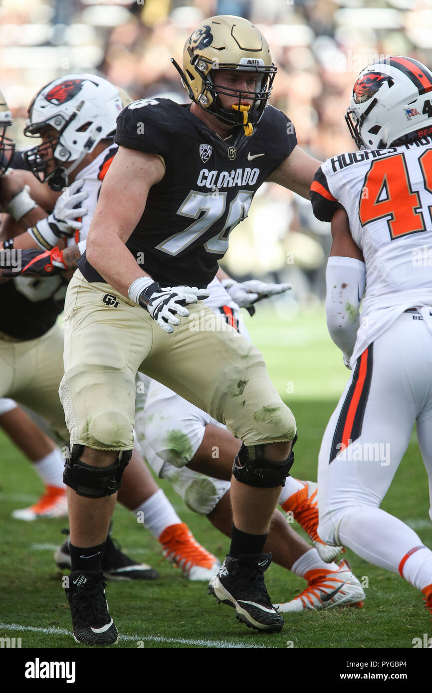 Overtime. 27th Oct, 2018. Colorado lineman Frank Fillip tries to block Oregon State's Andrzej Hughes-Murray at Folsom Field in the second half. Colorado blew a 31-3 third quarter lead and lost 41-34 in overtime. Credit: csm/Alamy Live News Stock Photo