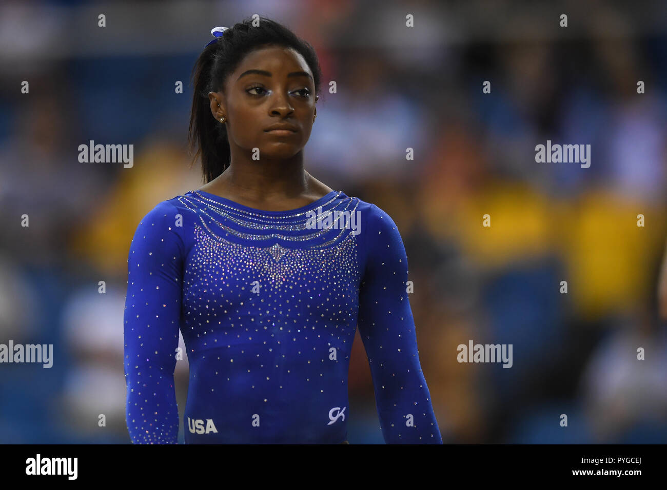 Doha, Qatar. 27th Oct, 2018. SIMONE BILES waits her turn to compete on the balance beam during the first day of preliminary competition held at the Aspire Dome in Doha, Qatar. Credit: Amy Sanderson/ZUMA Wire/Alamy Live News Stock Photo