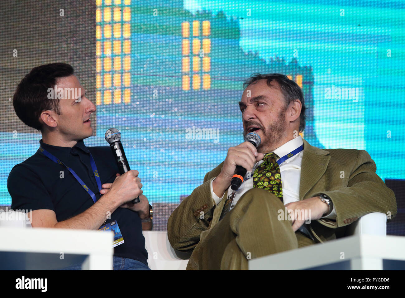 PTAK Warsaw Expo, Nadarzyn, Poland. October 27th, 2018. 4th edition of Warsaw Comic Con at  PTAK Warsaw Expo in Nadarzyn, Poland. Pictured: (L-R) Adam Brown and John Rhys-Davies © Piotr Zajac/Alamy Live News Stock Photo
