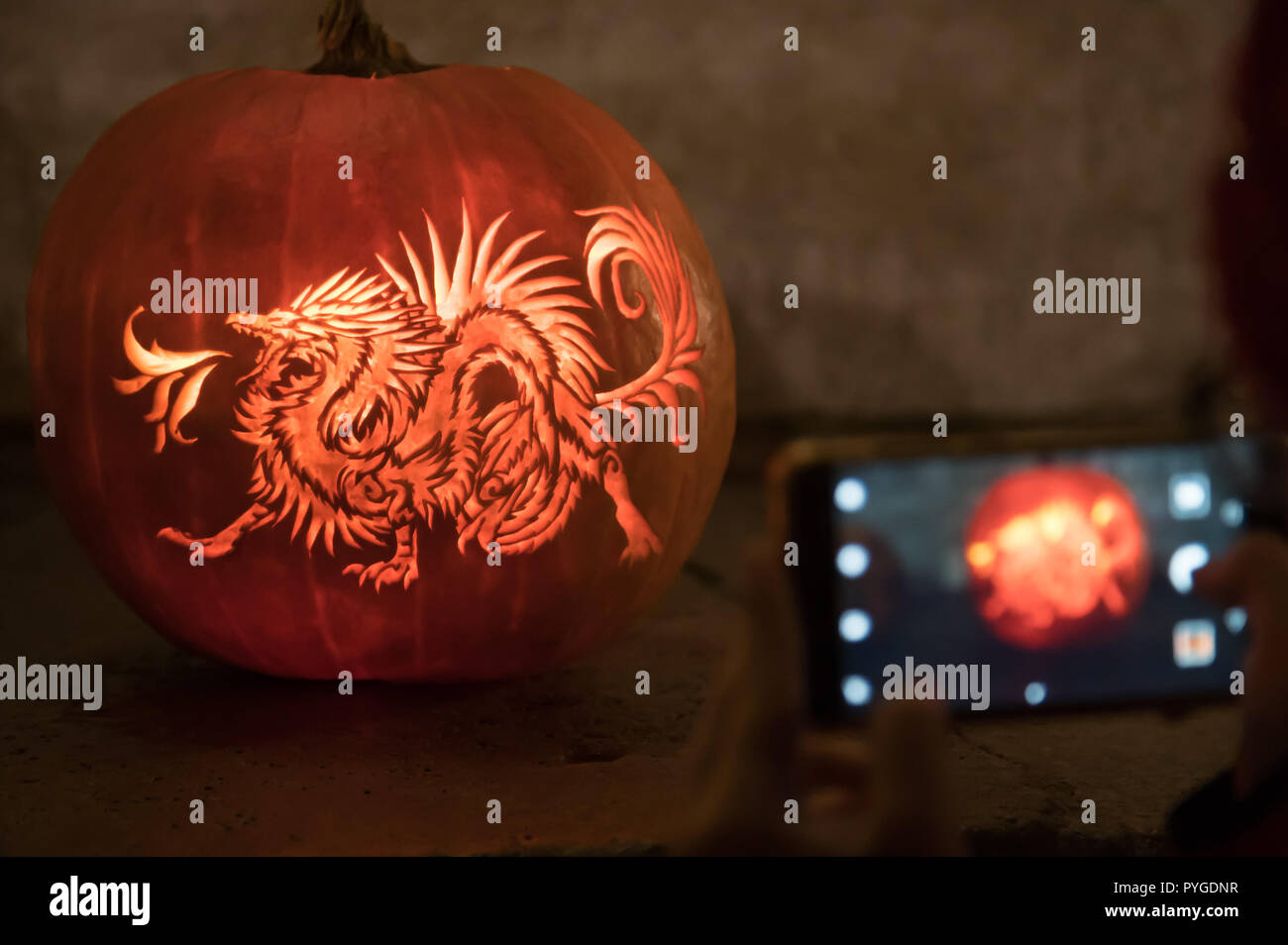 Budapest. 27th Oct, 2018. A decorated pumpkin is seen on display at the Halloween  Pumpkin Festival held on Heroes' Square in downtown Budapest, Hungary on  Oct. 27, 2018. Halloween Pumpkin Festival is