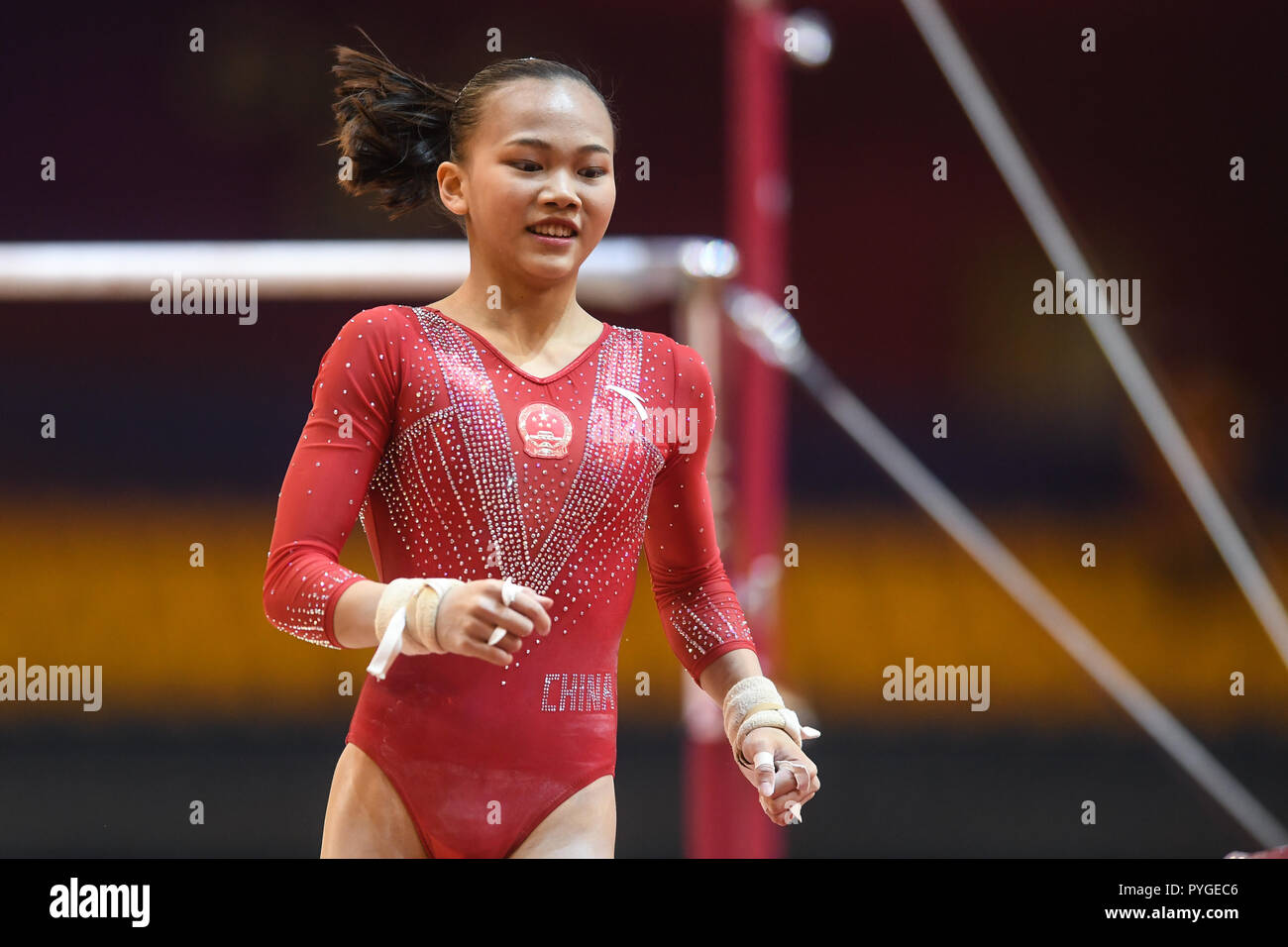 Doha, Qatar. 28th Oct, 2018. CHEN YILE smiles after finishing her ...