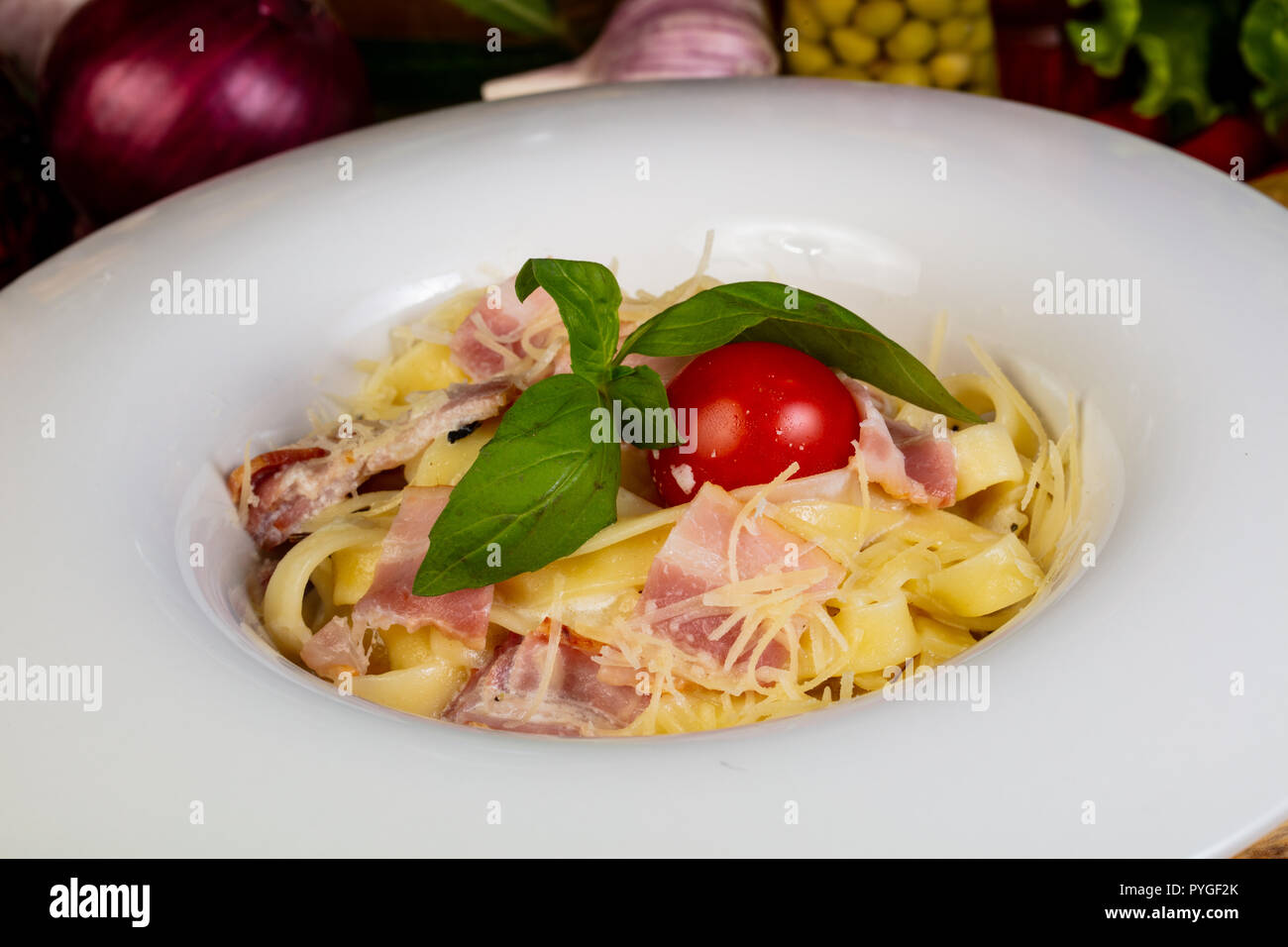 Italian Pasta Carbonara with ham Stock Photo Alamy
