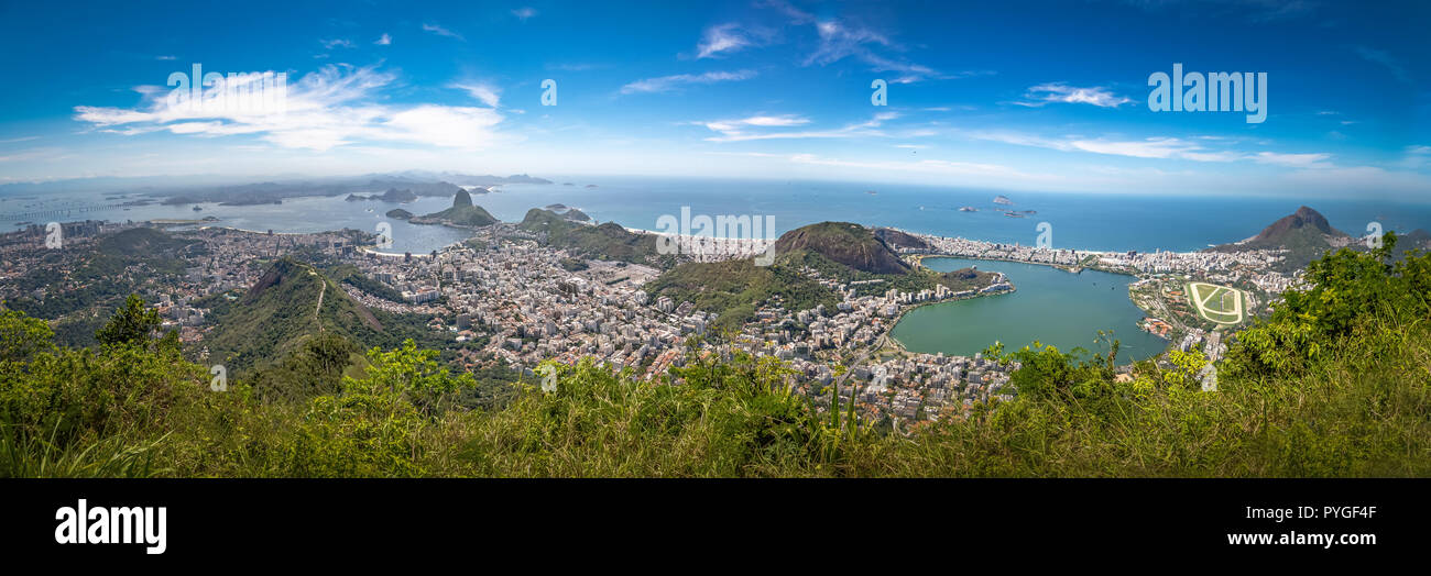 Panoramic aerial view of Rio de Janeiro with Sugar Loaf Mountain and Rodrigo de Freitas Lagoon - Rio de Janeiro, Brazil Stock Photo
