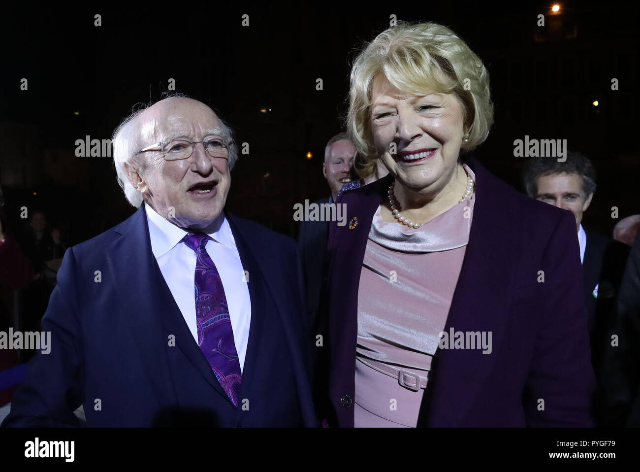 Michael D Higgins and his wife Sabina arrive at Dublin Castle to attend the count in Ireland's presidential election. Stock Photo